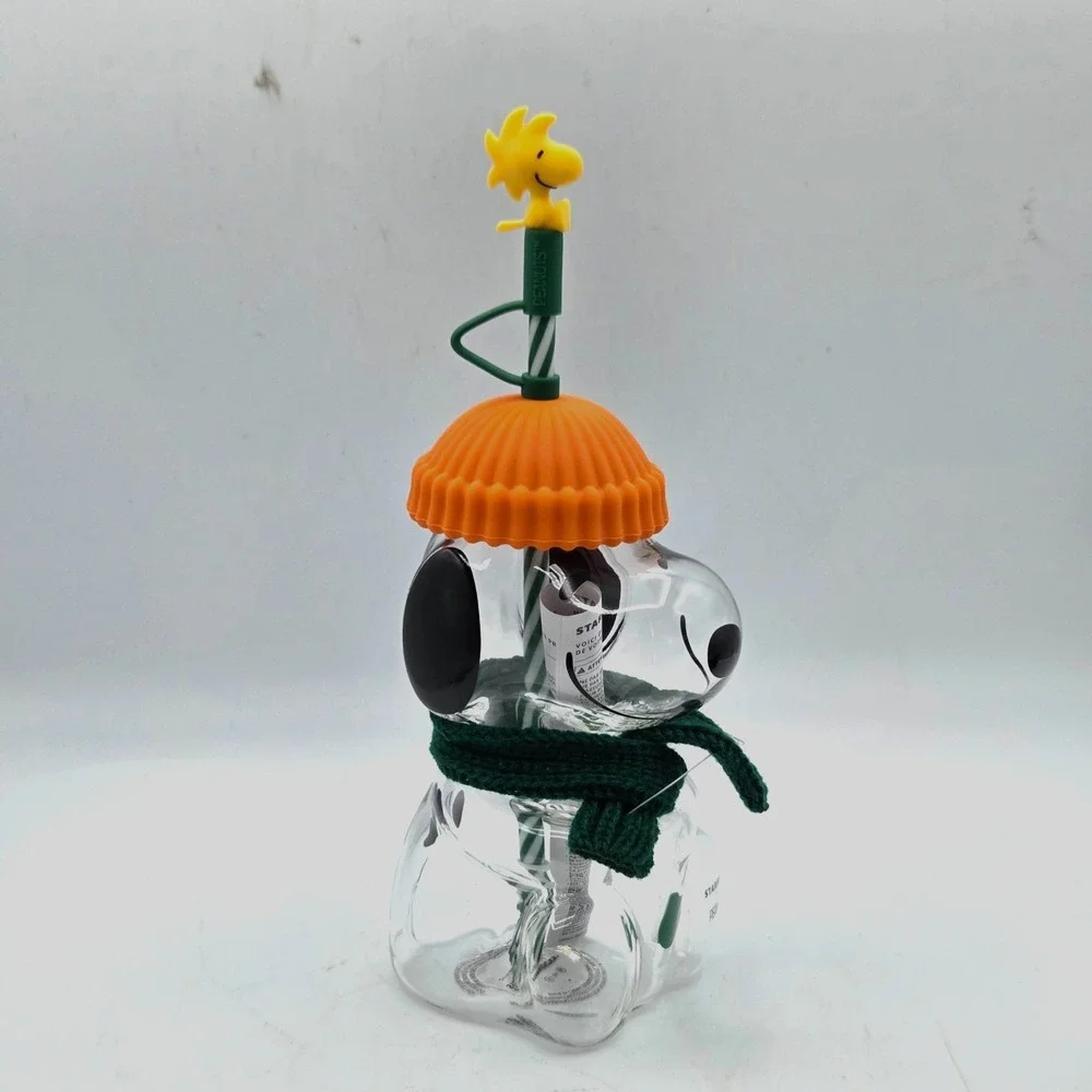 Starbucks x Peanuts Snoopy Glass Cup Clear w/ Orange Lid & Straw